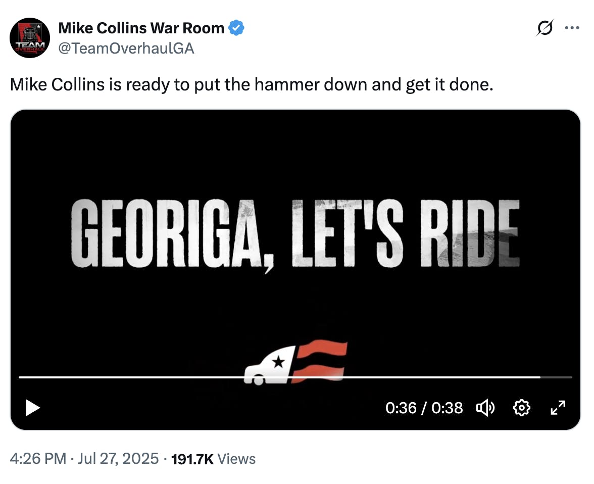 Mike Collins War Room @TeamOverhaulGA Mike Collins is ready to put the hammer down and get it done. (screenshot of video, GEORIGA LET'S RIDE)