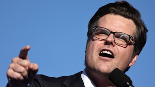 Matt Gaetz speaks at a campaign rally for Donald Trump.