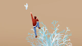 A survivor of child abuse is climbing a newly sprouting tree and reaching for a bird that represents hope