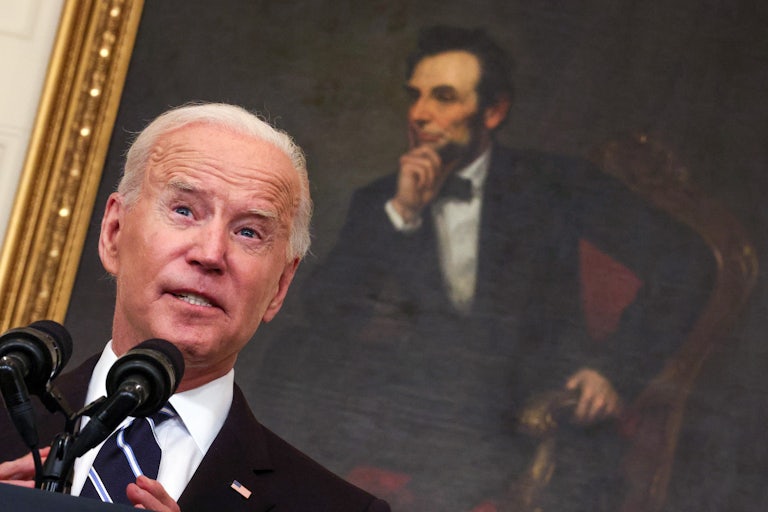 A close-up of President Joe Biden as he discusses how to combat the Covid-19 pandemic.