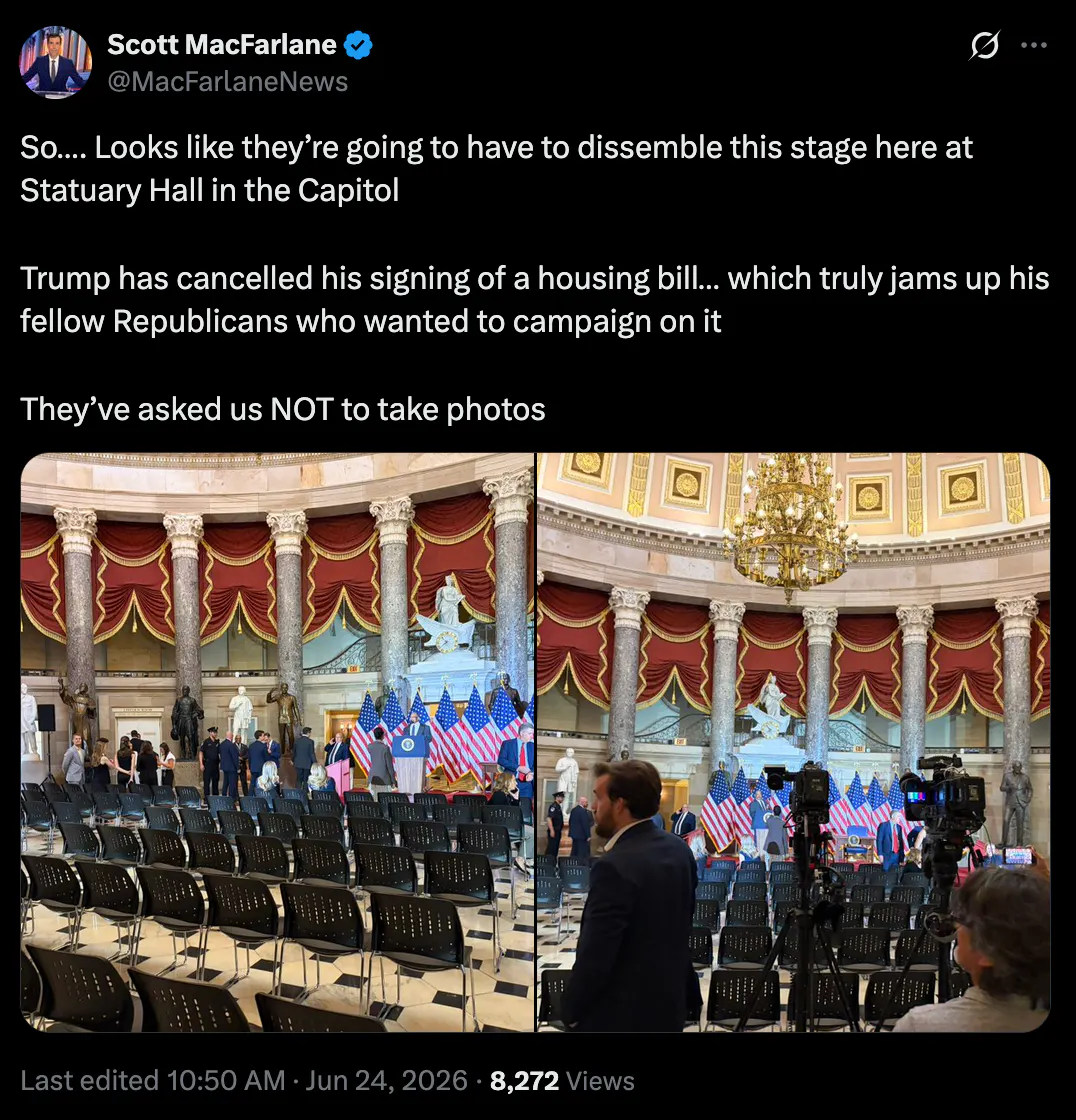 A tweet from Scott MacFarlane showing a stage set up with American flags and the presidential podium with chairs.
