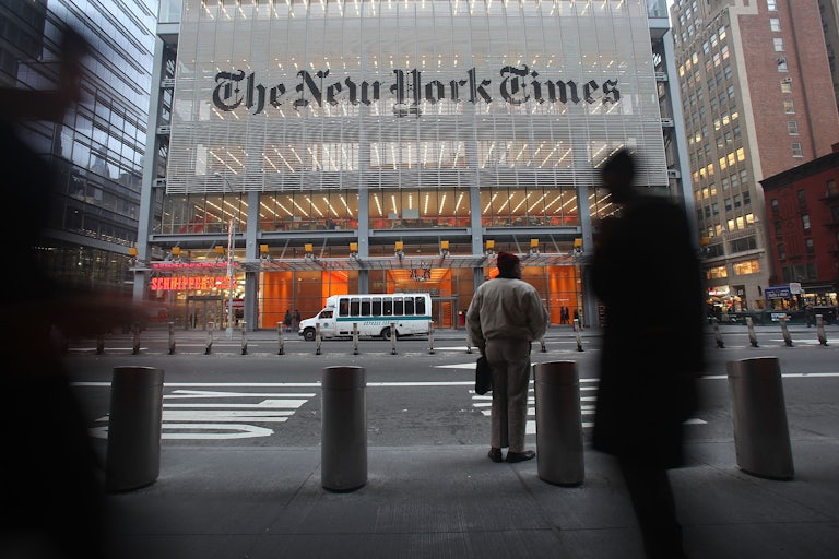 The New York Times building in Manhattan, seen from across the street.
