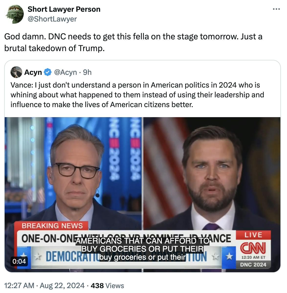 Twitter screenshot Short Lawyer Person @ShortLawyer:
God damn. DNC needs to get this fella on the stage tomorrow. Just a brutal takedown of Trump.