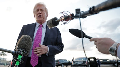 Donald Trump speaks to reporters