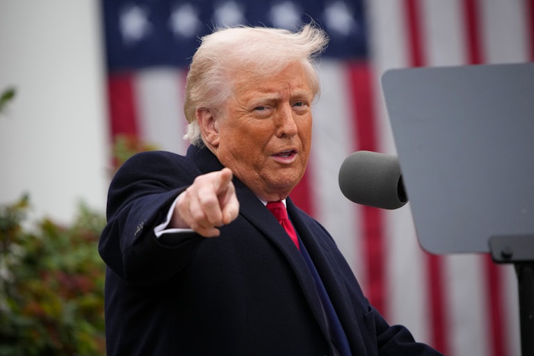 Donald Trump points during a White House Rose Garden press conference on tariffs