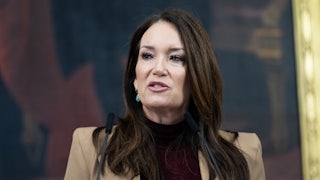 Agriculture Secretary Brooke Rollins speaks into microphones