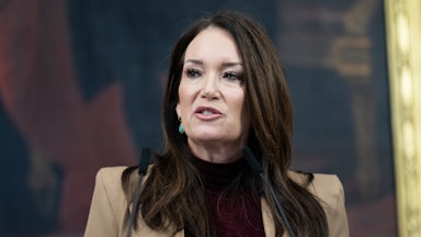 Agriculture Secretary Brooke Rollins speaks into microphones