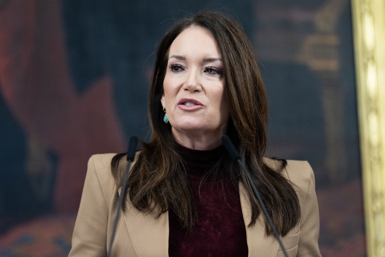 Agriculture Secretary Brooke Rollins speaks into microphones