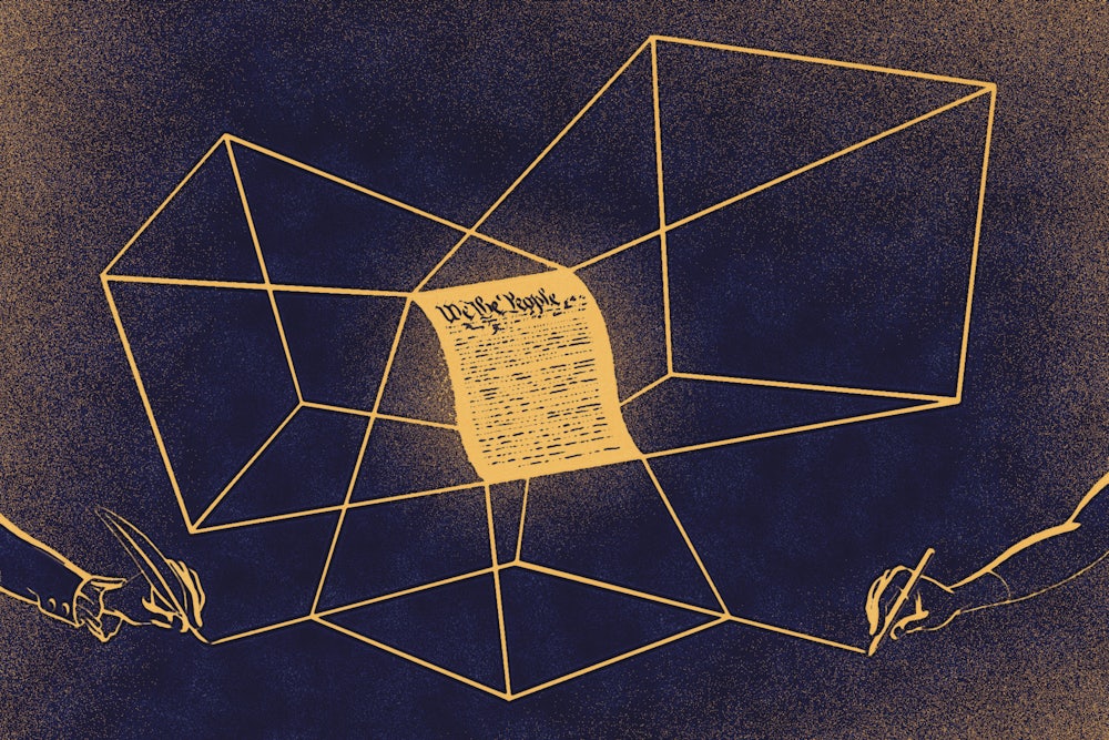 An illustration of the Constitution being viewed and interpreted from several different perspectives throughout history, from the 1700s to today.