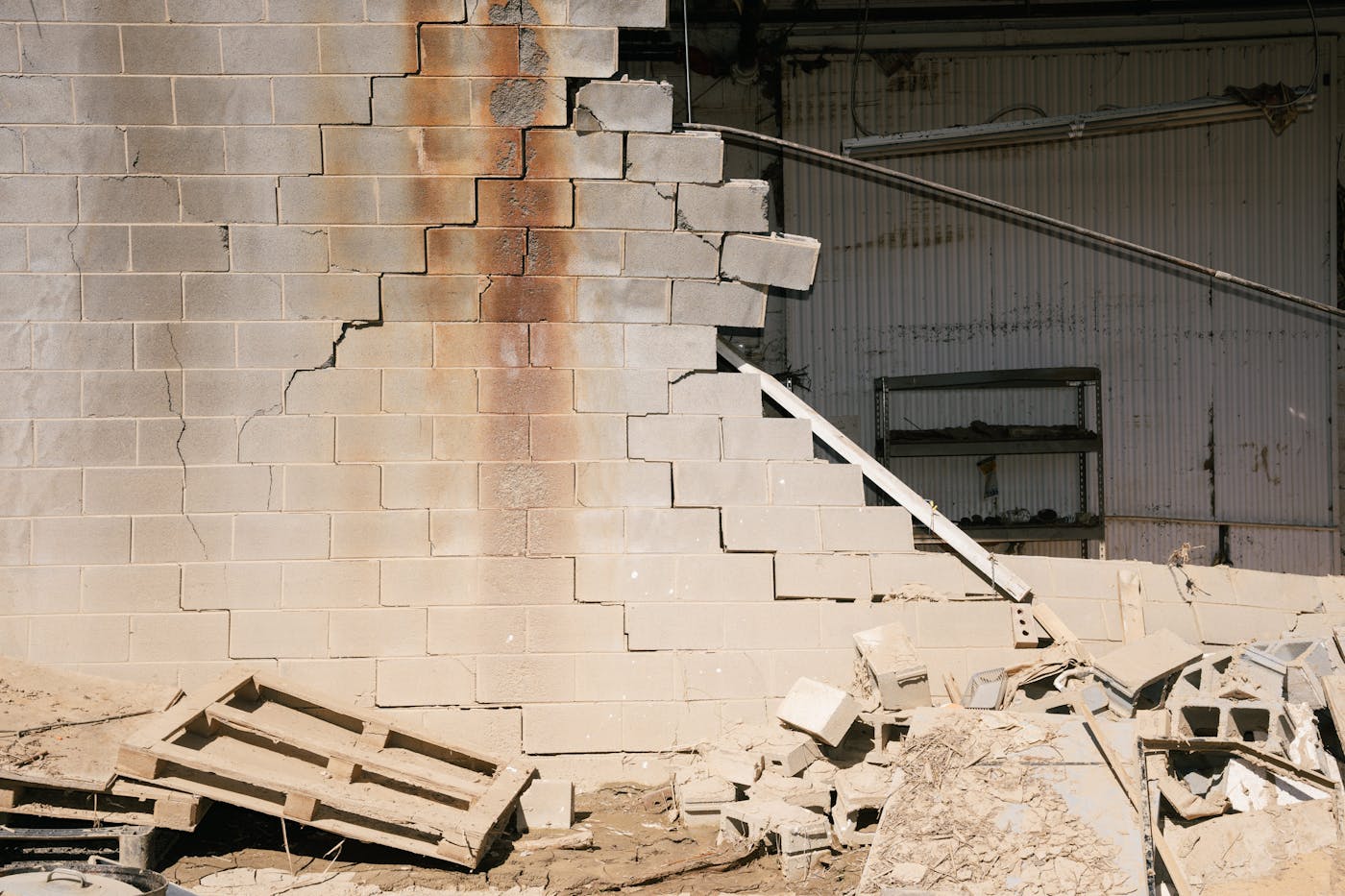 A photograph of a cement wall in Asheville’s River Arts District that is severely damaged. Although a cement wall in Asheville’s River Arts District was severely damaged, the foundations of the area’s historic brick buildings ultimately seemed to fare better. of the area’s historic brick buildings ultimately seemed to fare better.