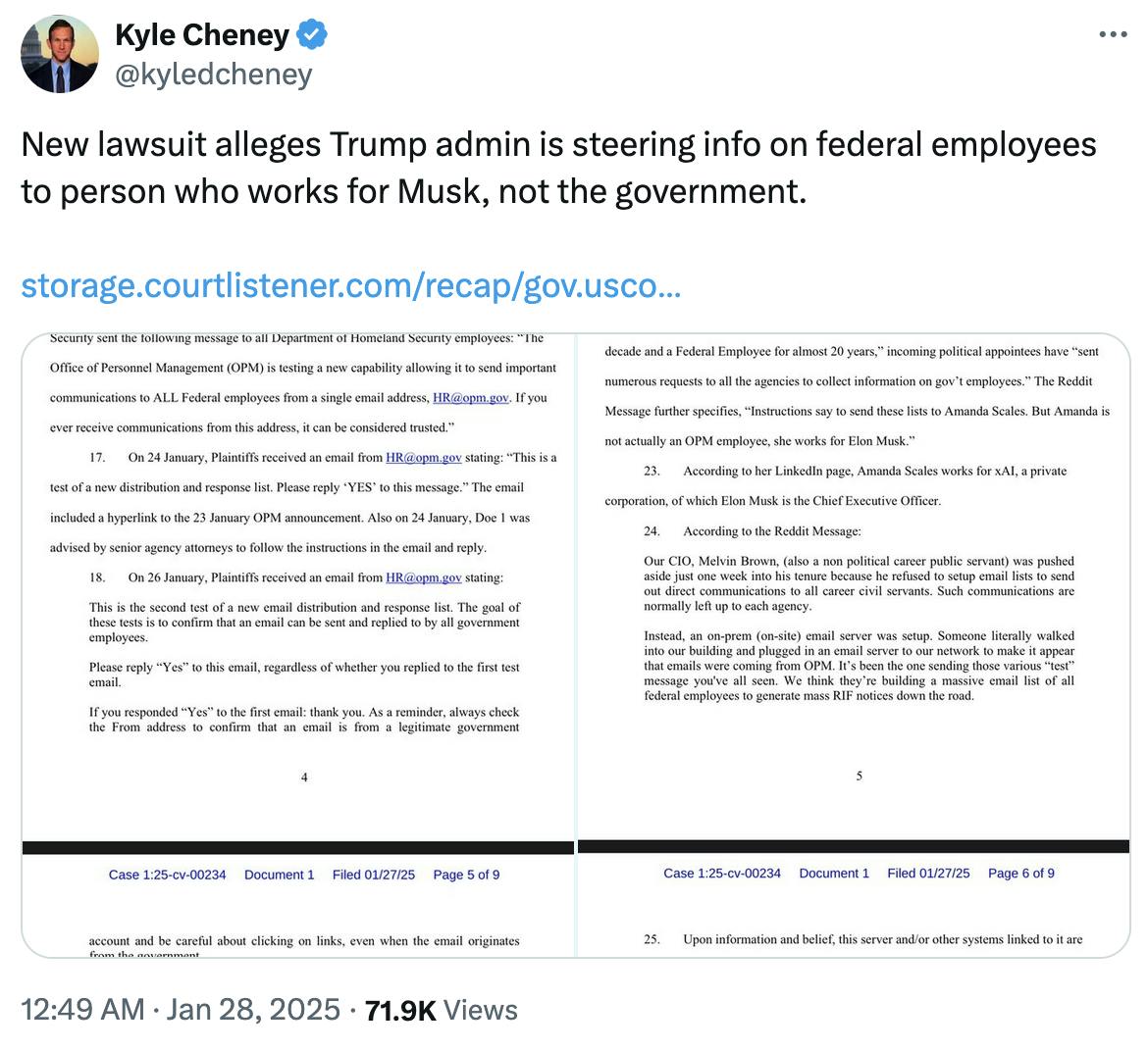 X screenshot Kyle Cheney @kyledcheney: New lawsuit alleges Trump admin is steering info on federal employees to person who works for Musk, not the government. https://storage.courtlistener.com/recap/gov.usco