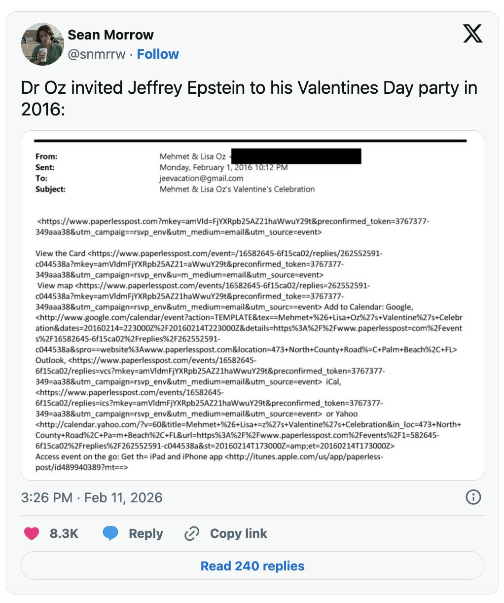 X screenshot Sean Morrow @snmrrw Dr Oz invited Jeffrey Epstein to his Valentines Day party in 2016: (screenshot of email)