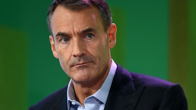 BP CEO Bernard Looney looks to the right of the screen.