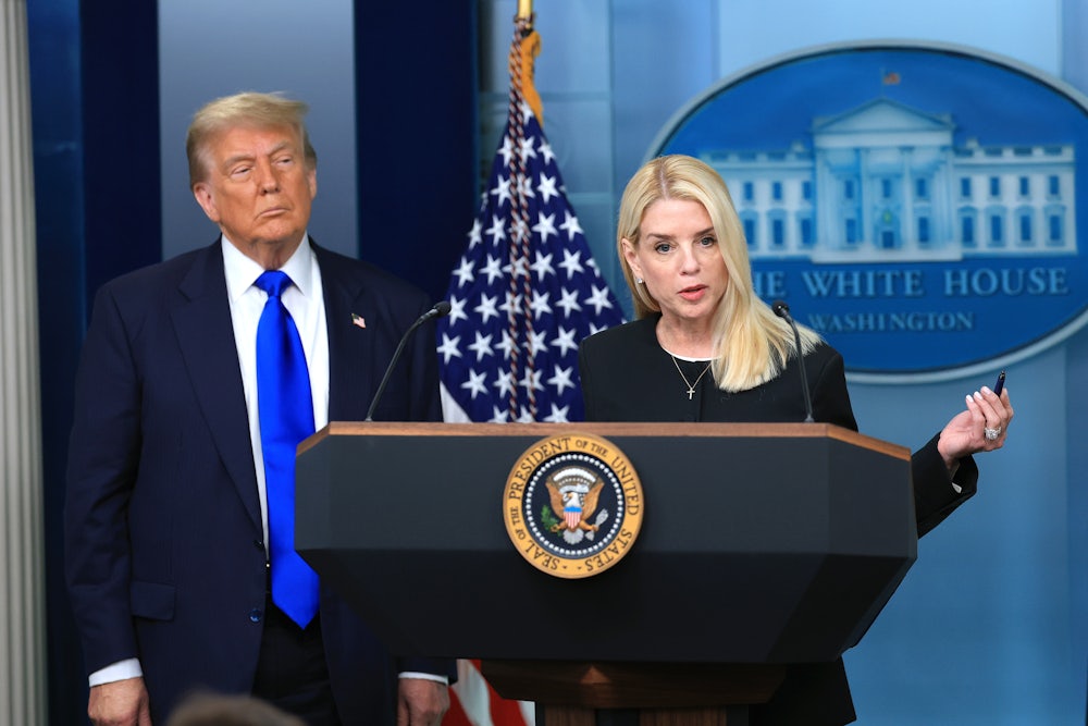 Attorney General Pam Bondi speaks alongside President Donald Trump in the briefing room at the White House.