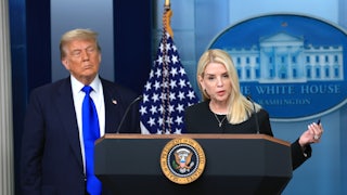 Attorney General Pam Bondi speaks alongside President Donald Trump in the briefing room at the White House.