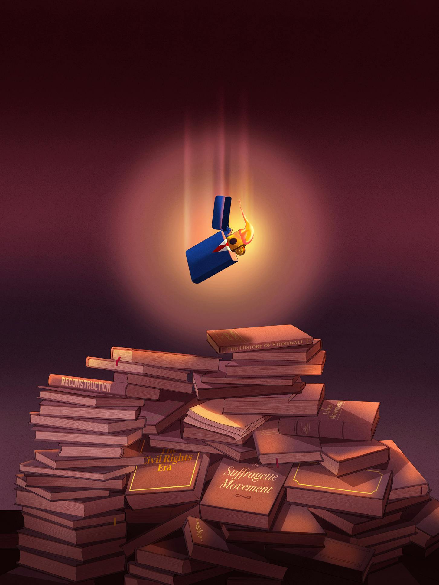 A lighter, which contains a likeness of Trump, is about to land on a stack of history books