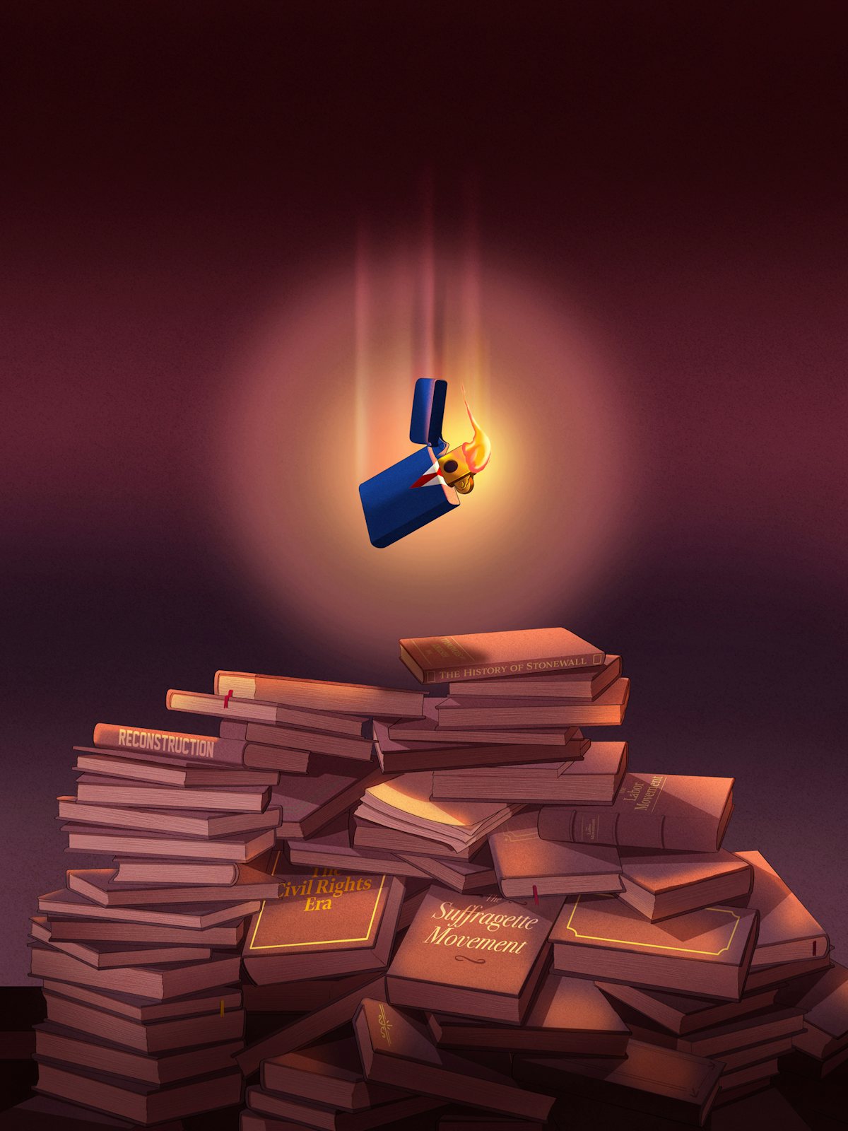 A lighter, which contains a likeness of Trump, is about to land on a stack of history books