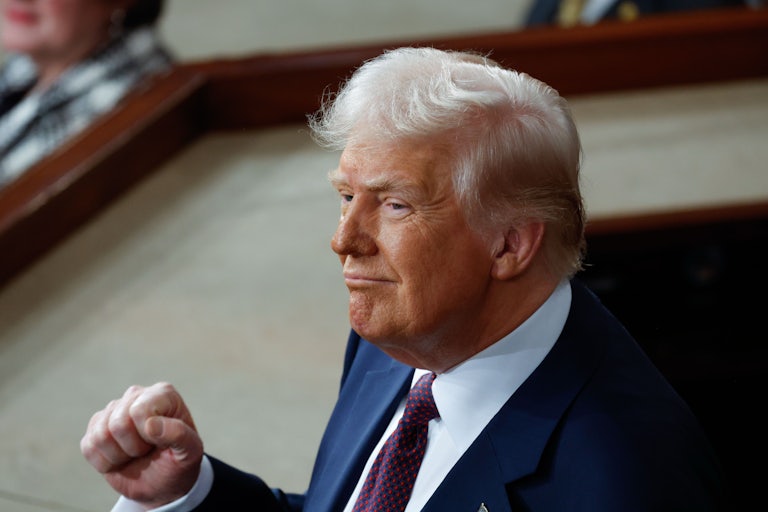 Donald Trump smiles and makes a fist emoji while addressing a joint session of Congress in the Capitol building.
