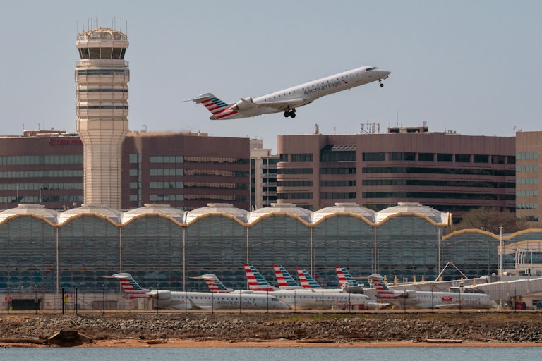 A plane takes off at Ronald Reagan National Airport