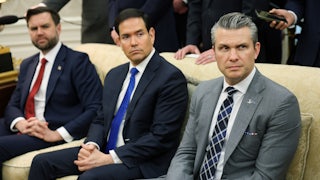 Vice President JD Vance, Secretary of State Marco Rubio, and Defense Secretary Pete Hegseth sit next to each other on a couch in the Oval Office