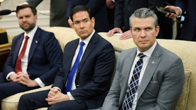 Vice President JD Vance, Secretary of State Marco Rubio, and Defense Secretary Pete Hegseth sit next to each other on a couch in the Oval Office