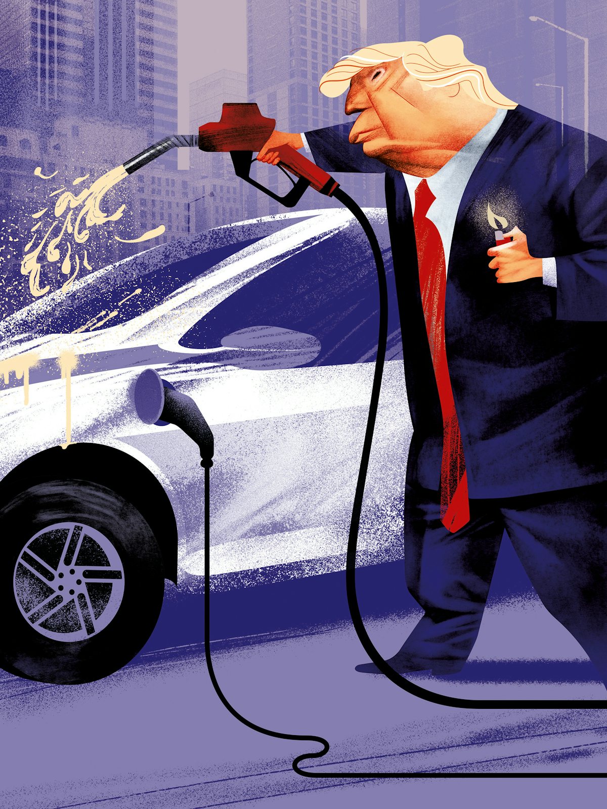 An illustration of Donald Trump pouring gasoline on an electric car and getting ready to light it on fire, symbolizing his desire to kill the electric car industry