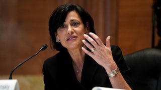 Dr. Rochelle Walensky gestures while speaking.