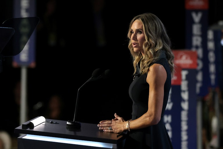 Lara Trump speaking at a lectern at the 2024 RNC