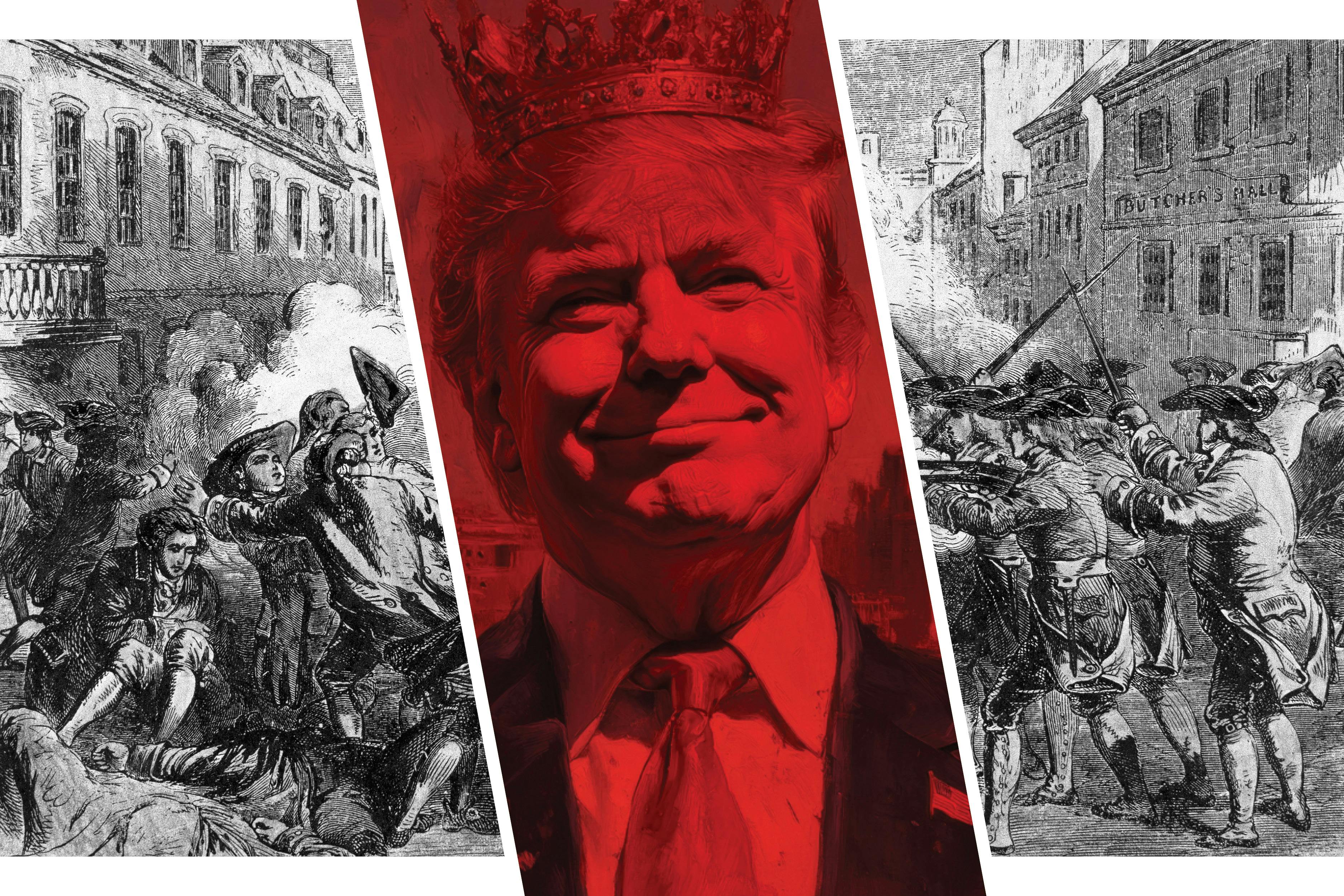 An etching showing the American Revolution interrupted by an image of Trump as a king