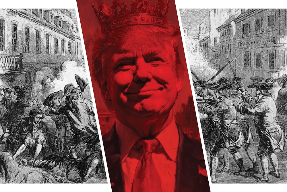 An etching showing the American Revolution interrupted by an image of Trump as a king