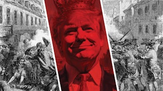 An etching showing the American Revolution interrupted by an image of Trump as a king