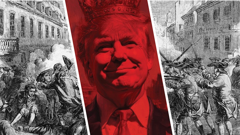 An etching showing the American Revolution interrupted by an image of Trump as a king