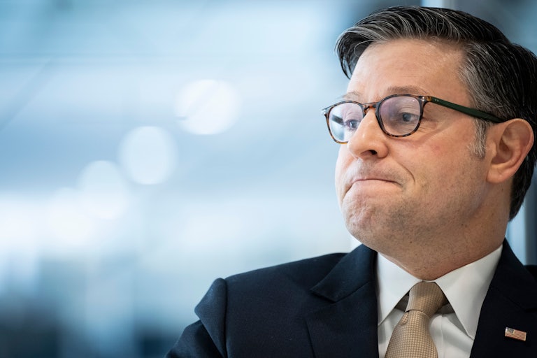 House Speaker Mike Johnson sits in an interview in Washington, D.C.