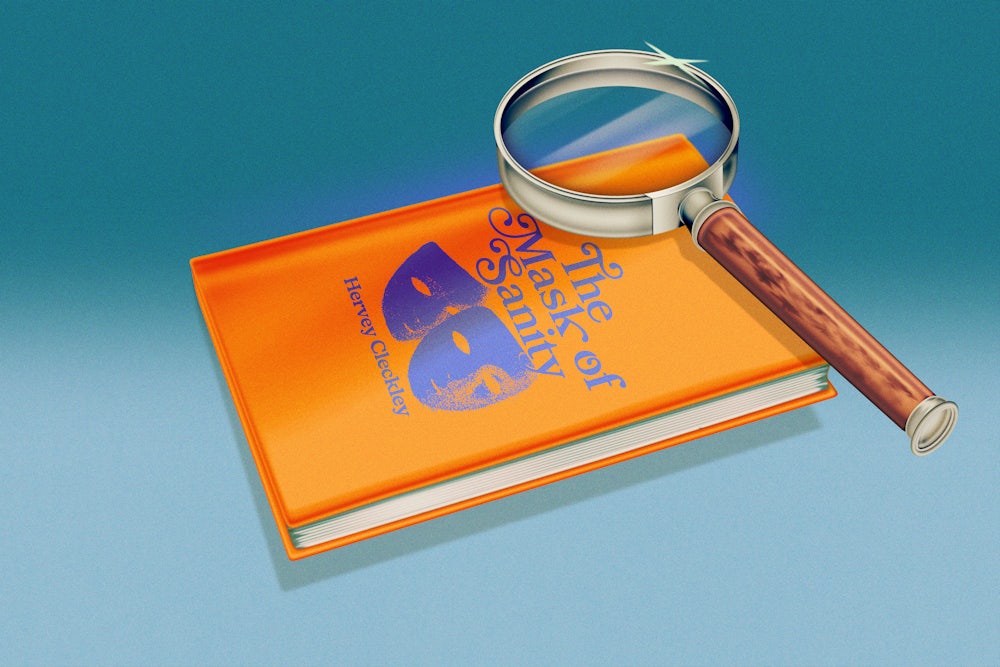 Illustration of a book cover for The Mask of Sanity with a magnifying glass