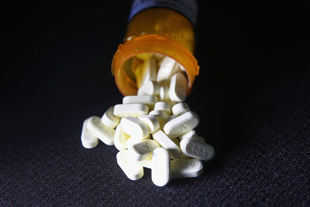 Oxycodone pain pills prescribed for a patient with chronic pain lie on display
