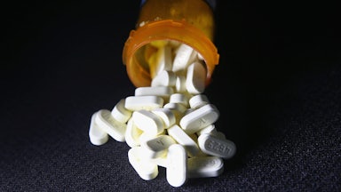 Oxycodone pain pills prescribed for a patient with chronic pain lie on display