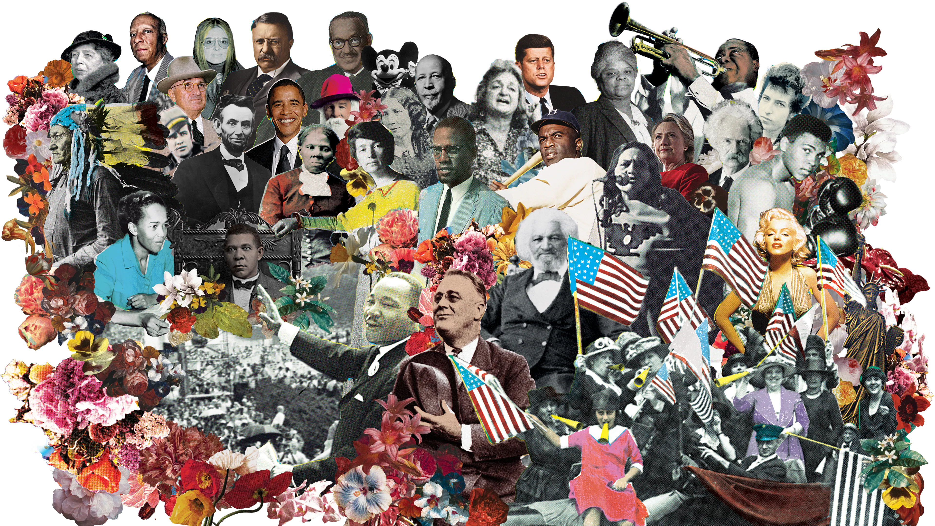 Collage of influential moments in USA's 250 years. 