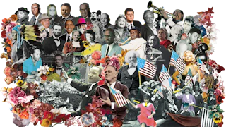 Collage of influential moments in USA's 250 years.