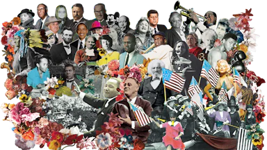 Collage of influential moments in USA's 250 years.