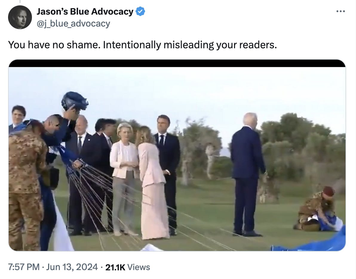 Twitter screenshot Jason's Blue Advocacy: You have no shame. Intentionally misleading your readers. with an uncropped photo of Biden speaking to a parachuter