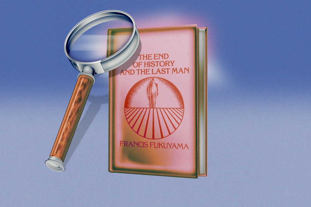 Illustration of the book "The End of History and the Last Man" with a magnifying glass leaning on the book.