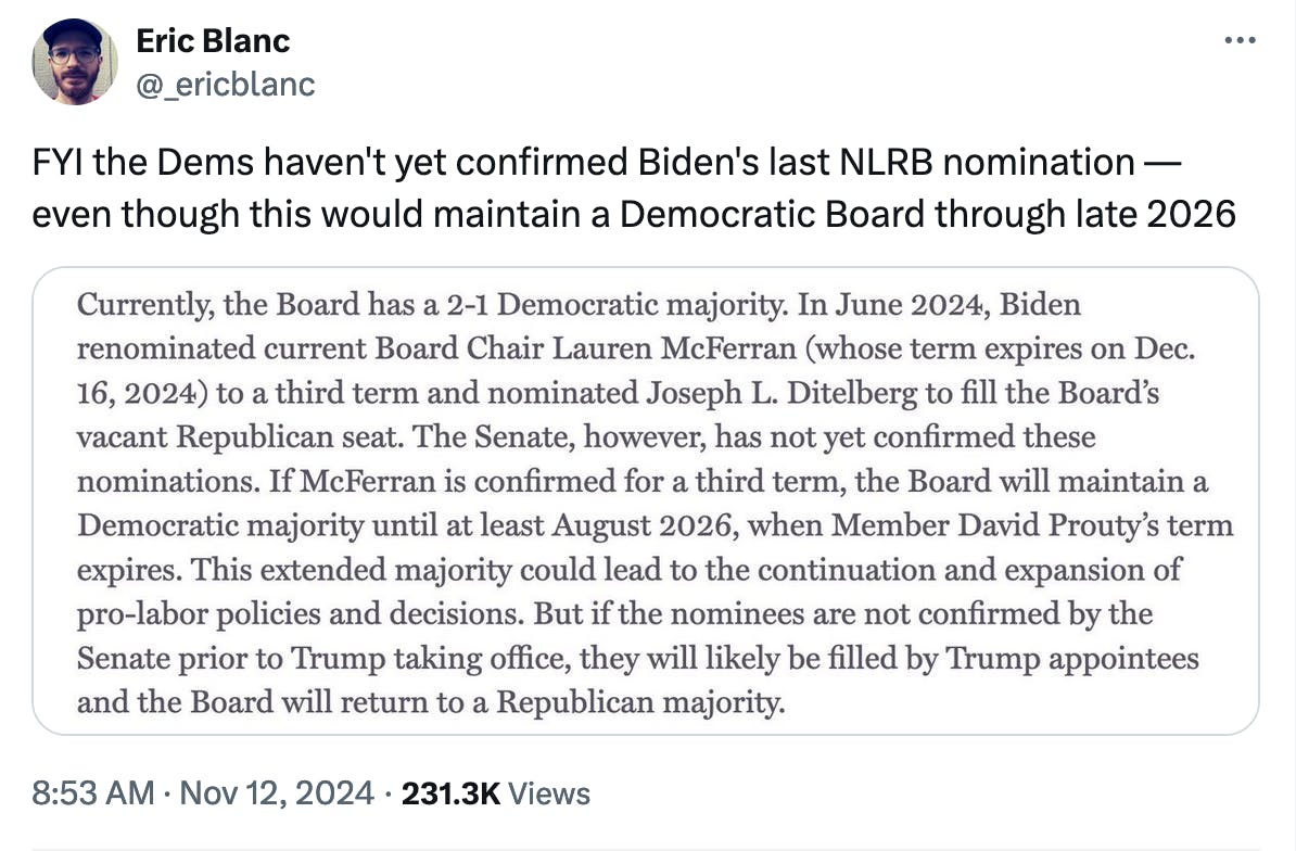 Twitter screenshot Eric Blanc @_ericblanc:
FYI the Dems haven't yet confirmed Biden's last NLRB nomination — even though this would maintain a Democratic Board through late 2026

(with screenshot of article)