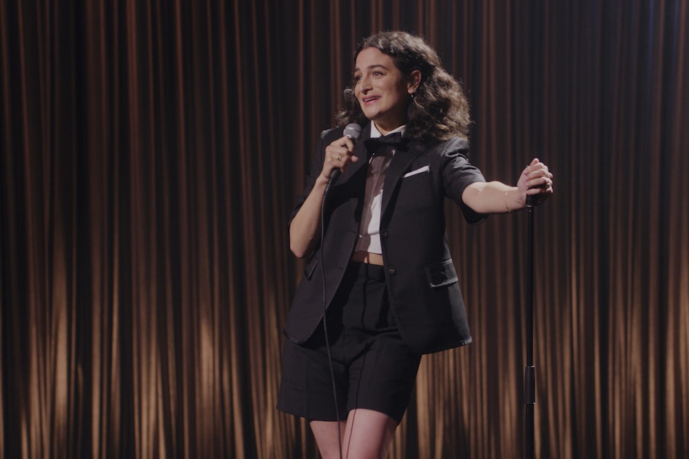 Jenny Slate on stage in her new special, "Seasoned Professional"