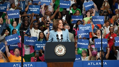 Vice President of the United States Kamala Harris makes a speech during her presidential campaign rally in Atlanta, Georgia, on July 30, 2024.