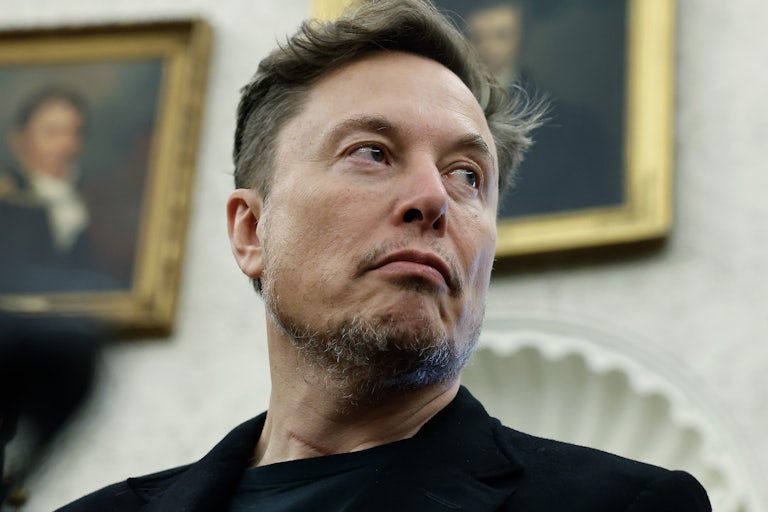 Elon Musk looks to the side while standing in the Oval Office