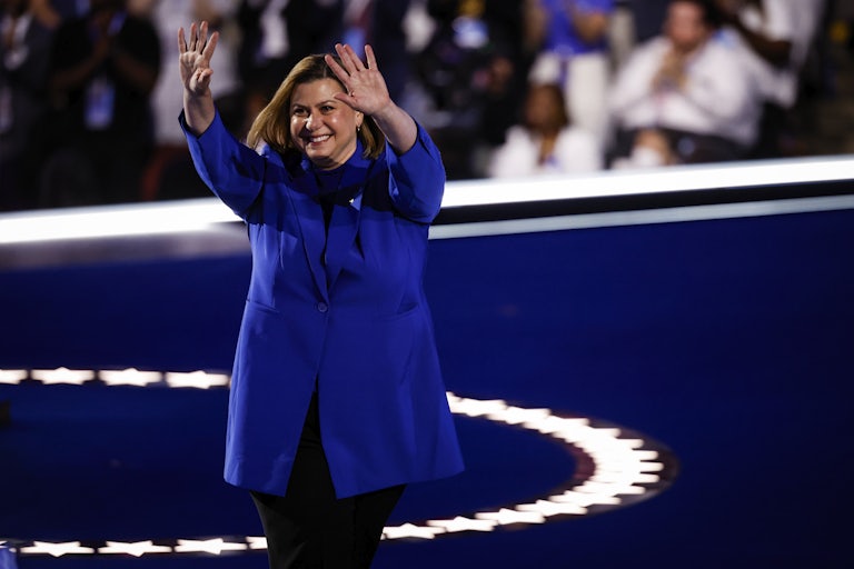 Michigan’s Elissa Slotkin waves on the DNC stage
