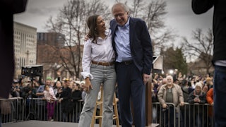 Rep. Alexandria Ocasio-Cortez and Senator Bernie Sanders during a rally