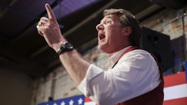 Virginia gubernatorial candidate Glenn Youngkin gestures at a rally.