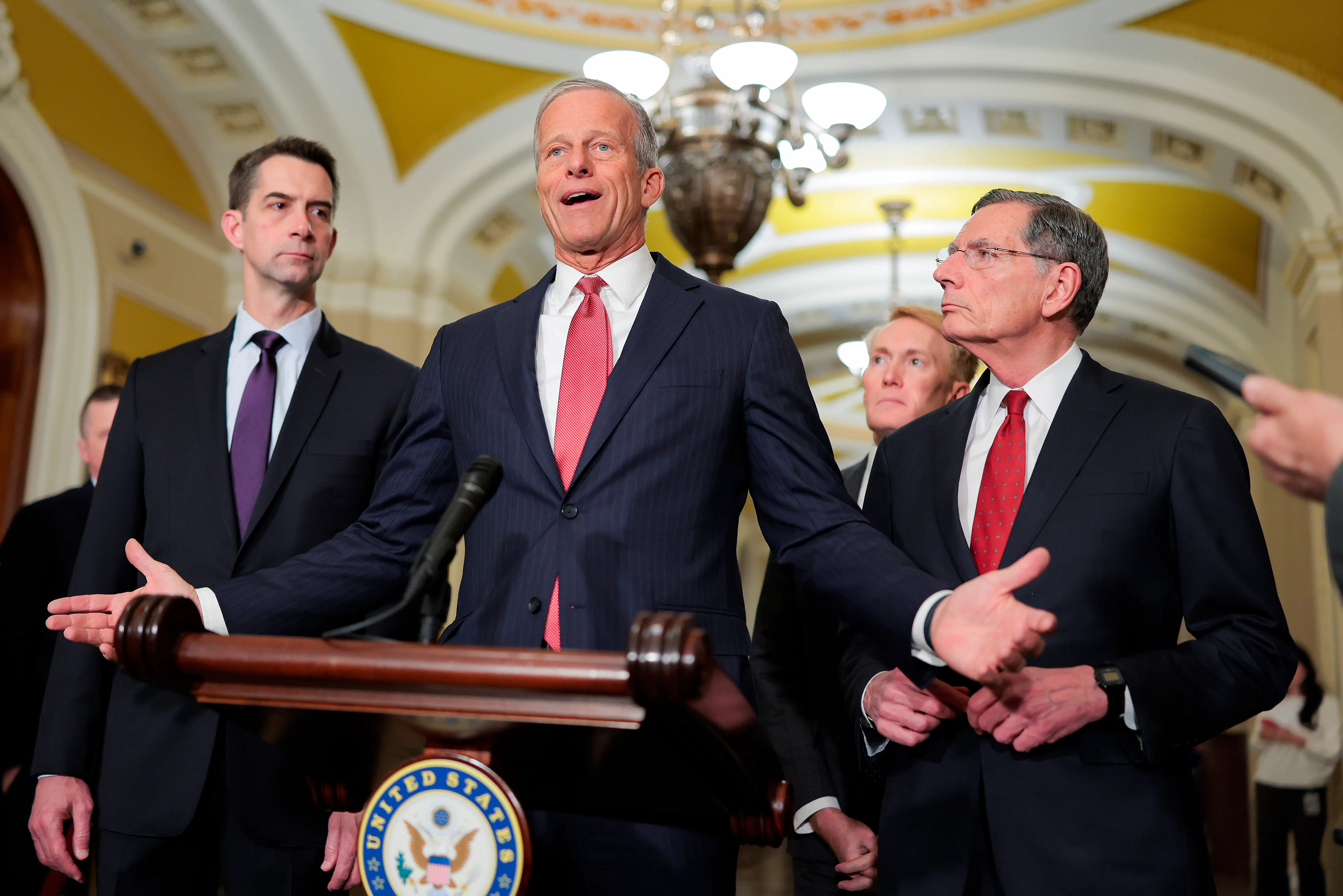 Senate Majority Leader John Thune speaks at a press conference