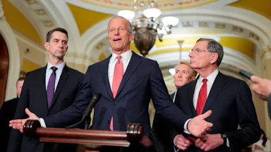 Senate Majority Leader John Thune speaks at a press conference